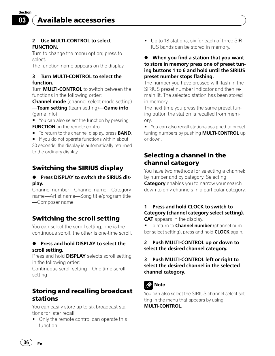 Available accessories, Switching the sirius display, Switching the scroll setting | Storing and recalling broadcast stations, Selecting a channel in the channel category | Pioneer DEH-P5900IB User Manual | Page 36 / 72