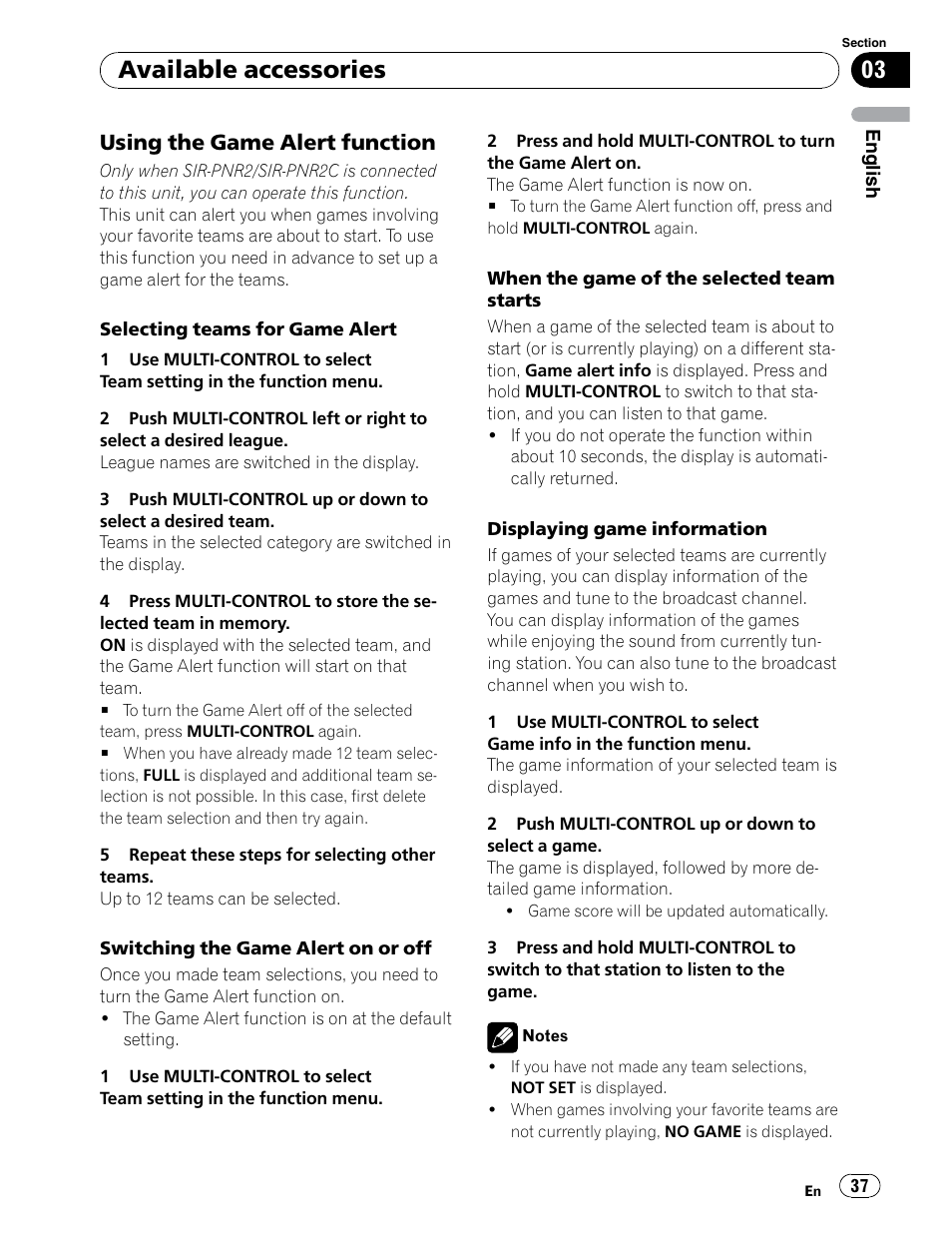 Available accessories, Using the game alert function | Pioneer DEH-P5900IB User Manual | Page 37 / 72