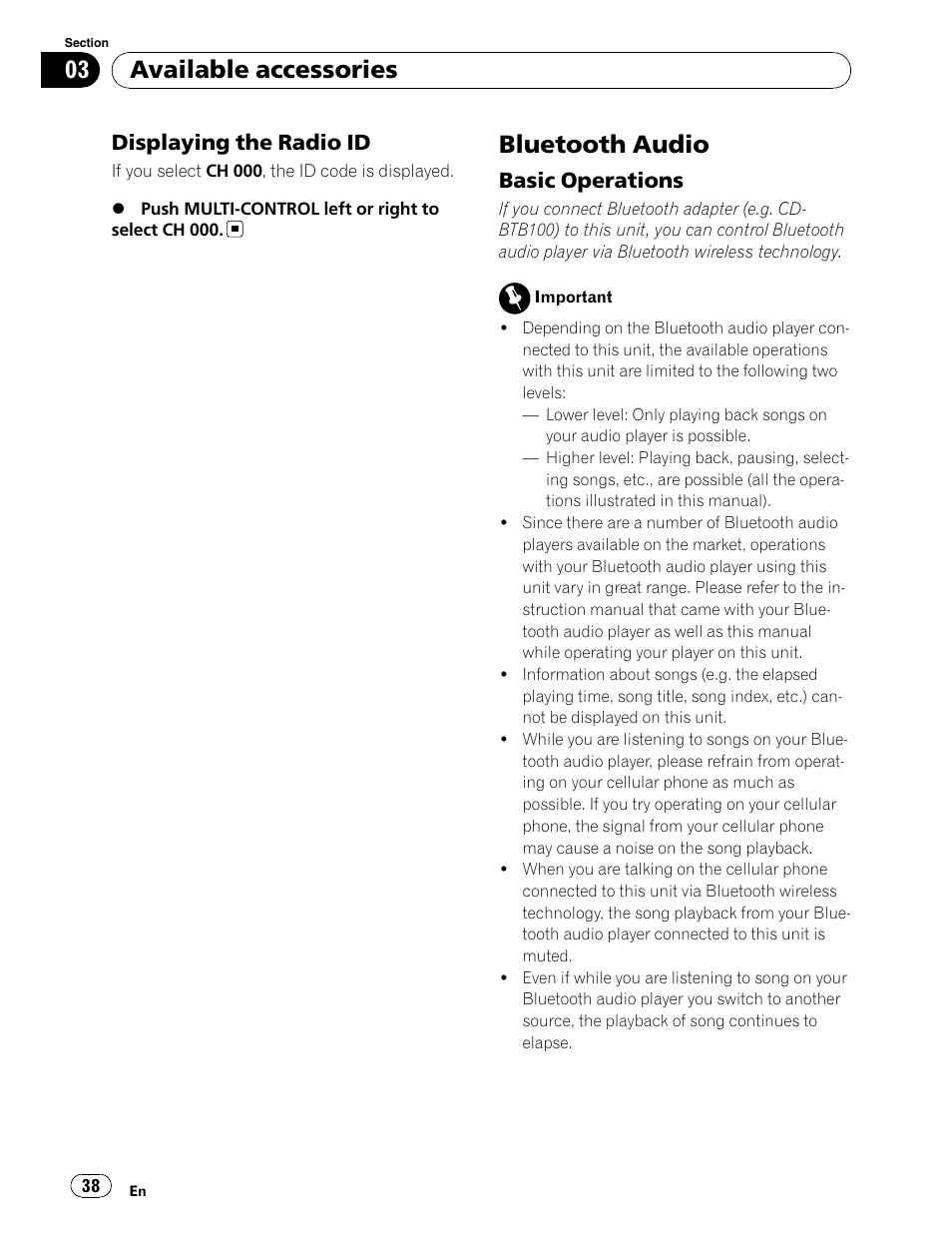 Bluetooth audio, Available accessories, Displaying the radio id | Basic operations | Pioneer DEH-P5900IB User Manual | Page 38 / 72