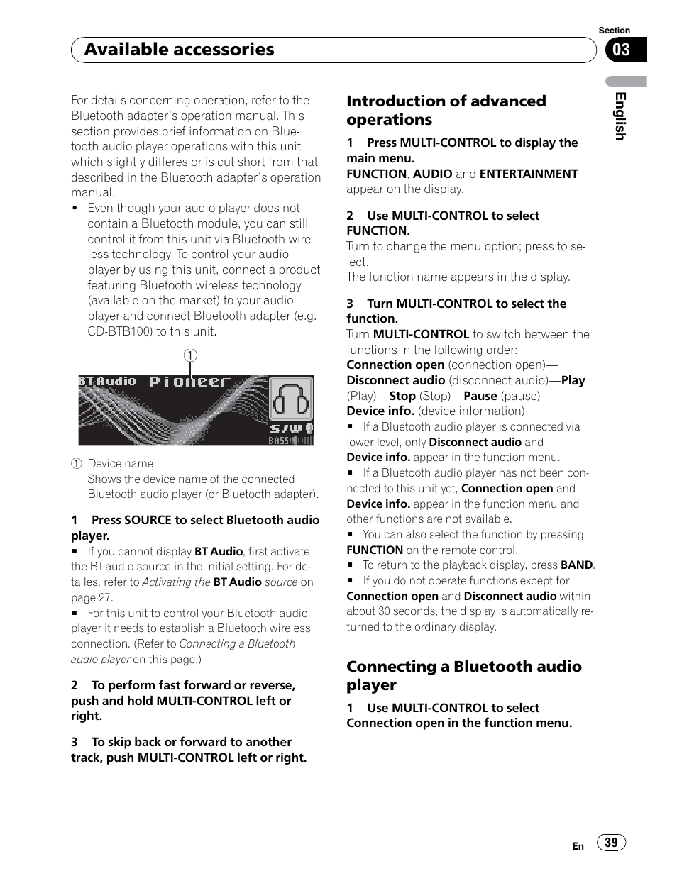 Available accessories, Introduction of advanced operations, Connecting a bluetooth audio player | Pioneer DEH-P5900IB User Manual | Page 39 / 72