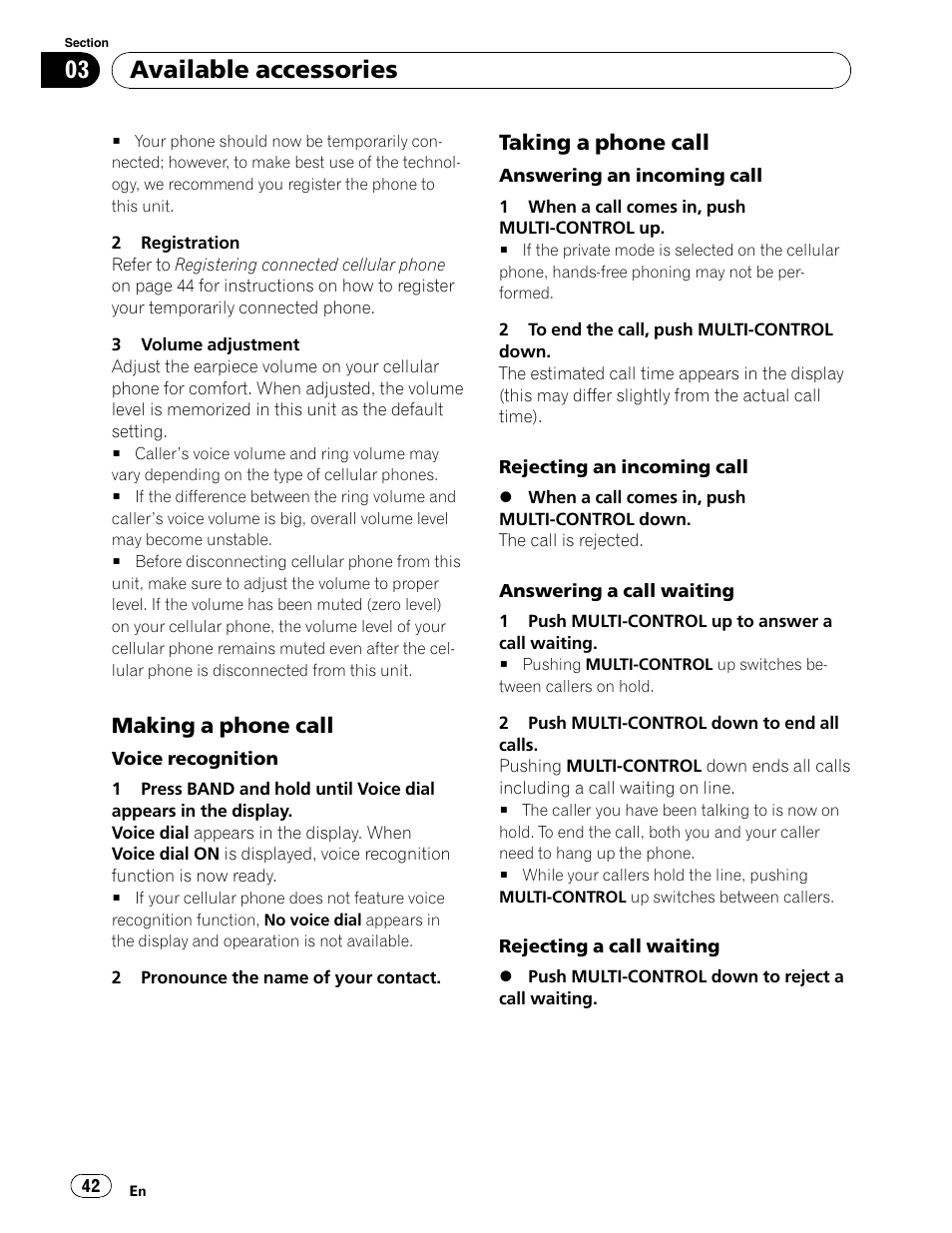 Available accessories, Making a phone call, Taking a phone call | Pioneer DEH-P5900IB User Manual | Page 42 / 72
