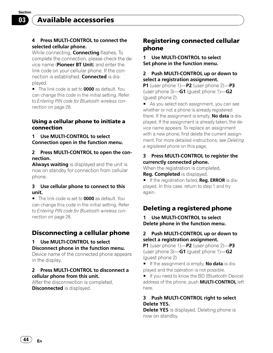Available accessories, Disconnecting a cellular phone, Registering connected cellular phone | Deleting a registered phone | Pioneer DEH-P5900IB User Manual | Page 44 / 72