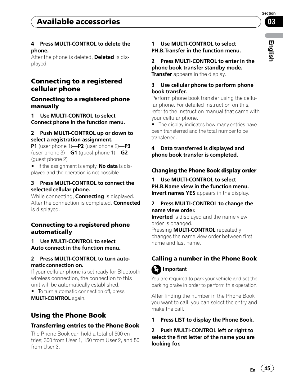 Available accessories, Connecting to a registered cellular phone, Using the phone book | Pioneer DEH-P5900IB User Manual | Page 45 / 72