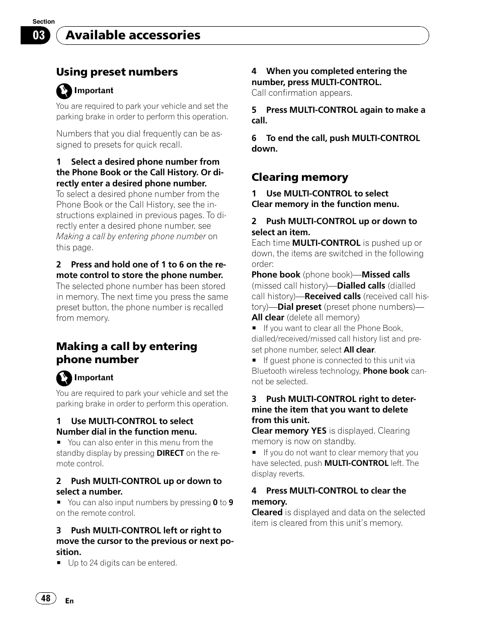 Available accessories, Using preset numbers, Making a call by entering phone number | Pioneer DEH-P5900IB User Manual | Page 48 / 72