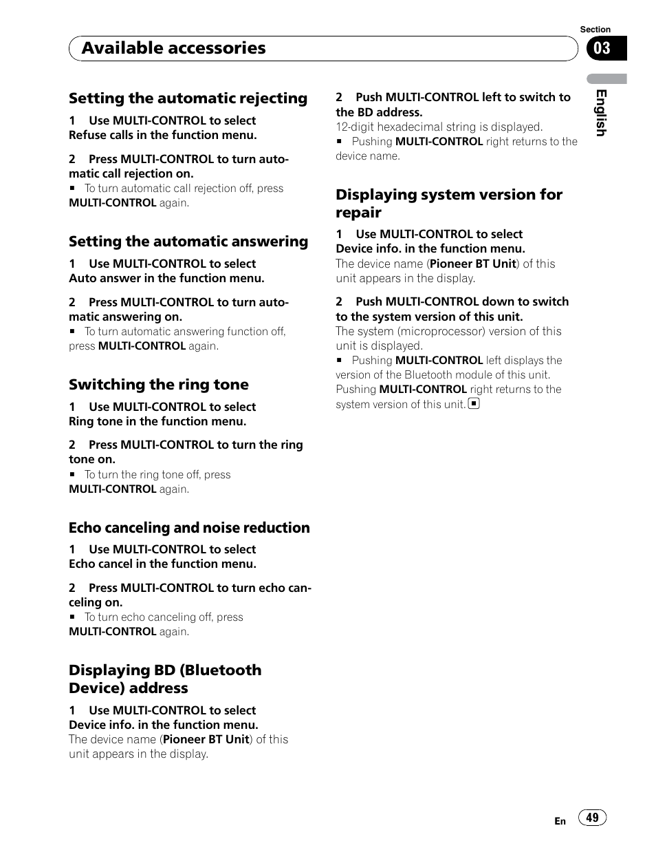 Available accessories, Setting the automatic rejecting, Setting the automatic answering | Switching the ring tone, Echo canceling and noise reduction, Displaying bd (bluetooth device) address, Displaying system version for repair | Pioneer DEH-P5900IB User Manual | Page 49 / 72