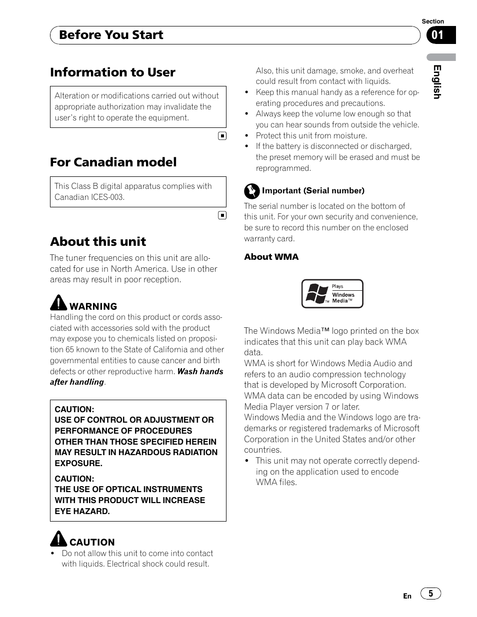 Information to user, For canadian model, About this unit | Before you start | Pioneer DEH-P5900IB User Manual | Page 5 / 72