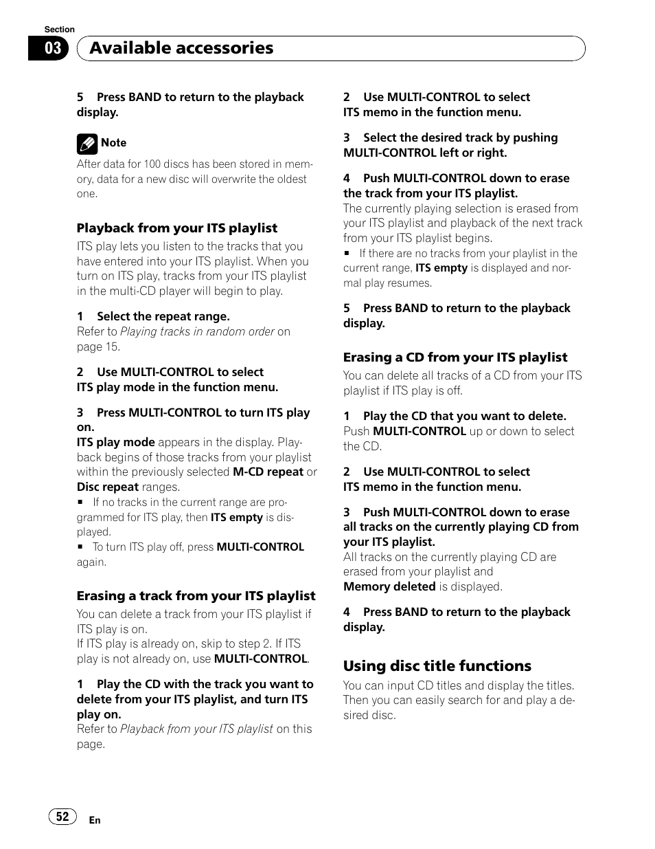 Available accessories, Using disc title functions | Pioneer DEH-P5900IB User Manual | Page 52 / 72
