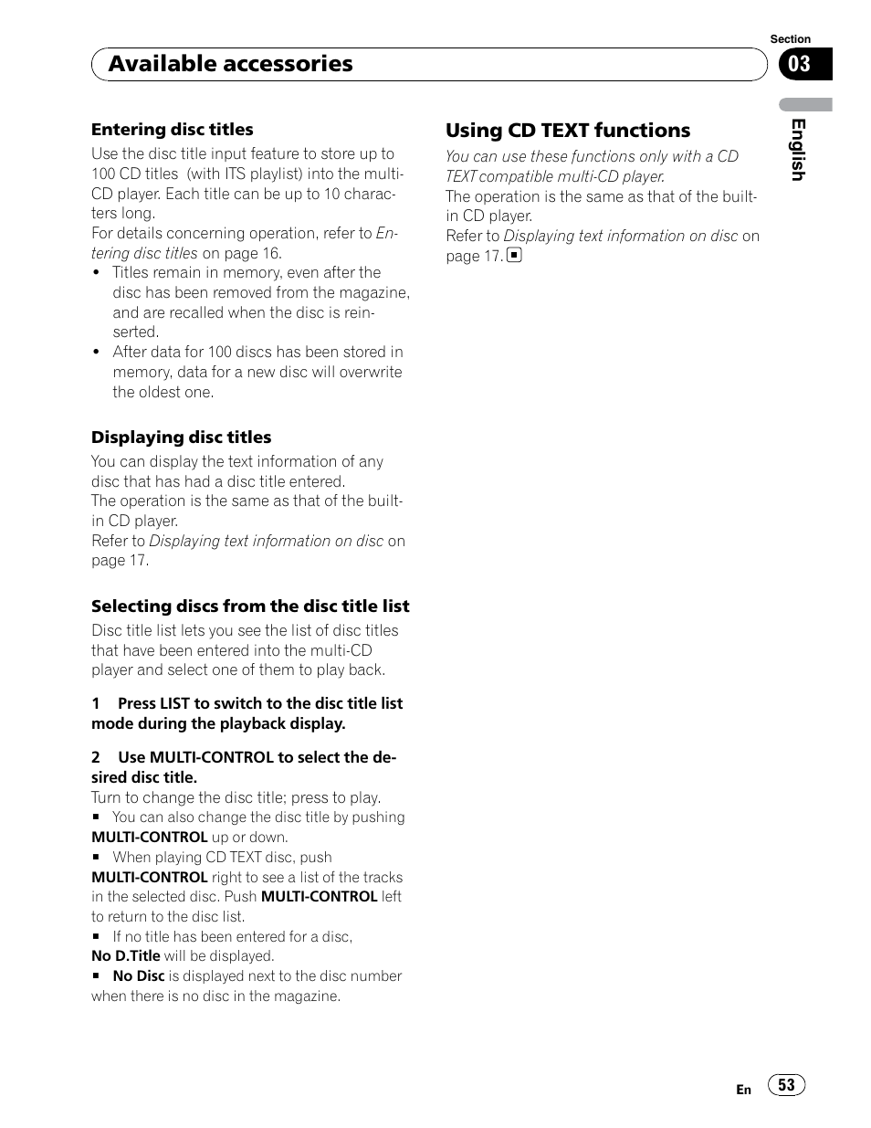 Available accessories, Using cd text functions | Pioneer DEH-P5900IB User Manual | Page 53 / 72