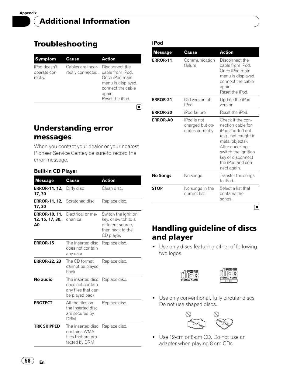 Disc compatibility, Troubleshooting, Error messages | Understanding error messages, Handling guideline of discs and player, Additional information | Pioneer DEH-P5900IB User Manual | Page 58 / 72