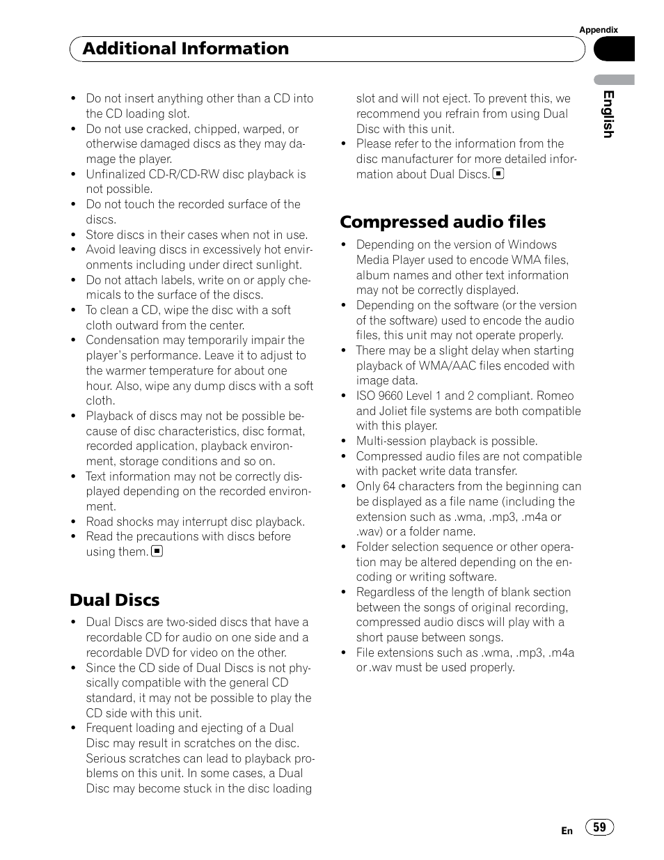 File / format compatibility, Dual discs, Compressed audio files | Additional information | Pioneer DEH-P5900IB User Manual | Page 59 / 72