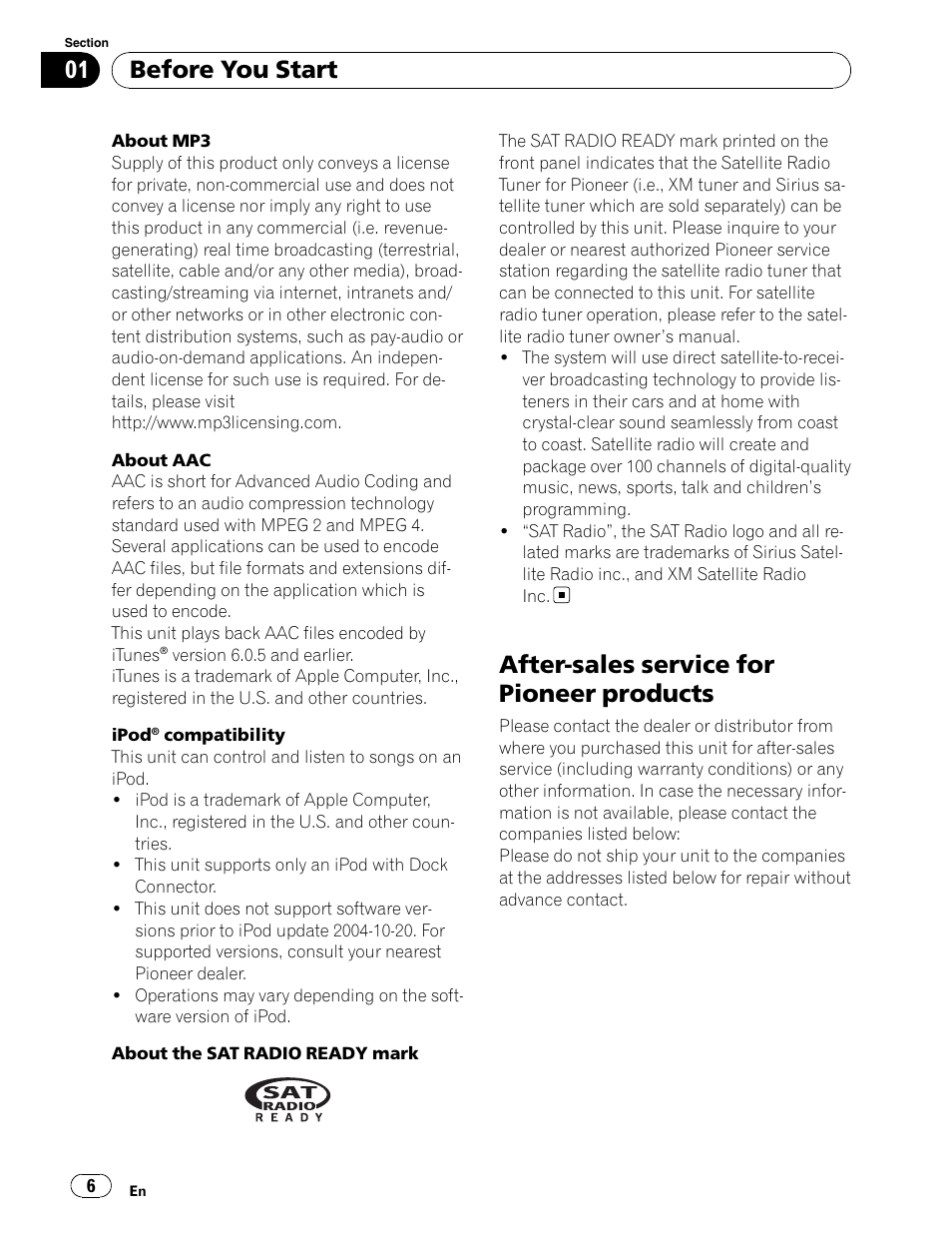 Ipod compatibility, After-sales service for pioneer products, Before you start | Pioneer DEH-P5900IB User Manual | Page 6 / 72