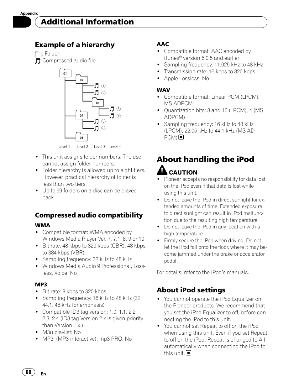 Additional information, About handling the ipod, Example of a hierarchy | Compressed audio compatibility, About ipod settings | Pioneer DEH-P5900IB User Manual | Page 60 / 72