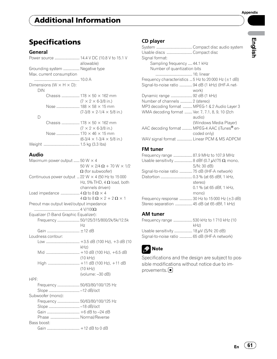 Specs, Specifications, Additional information | English | Pioneer DEH-P5900IB User Manual | Page 61 / 72