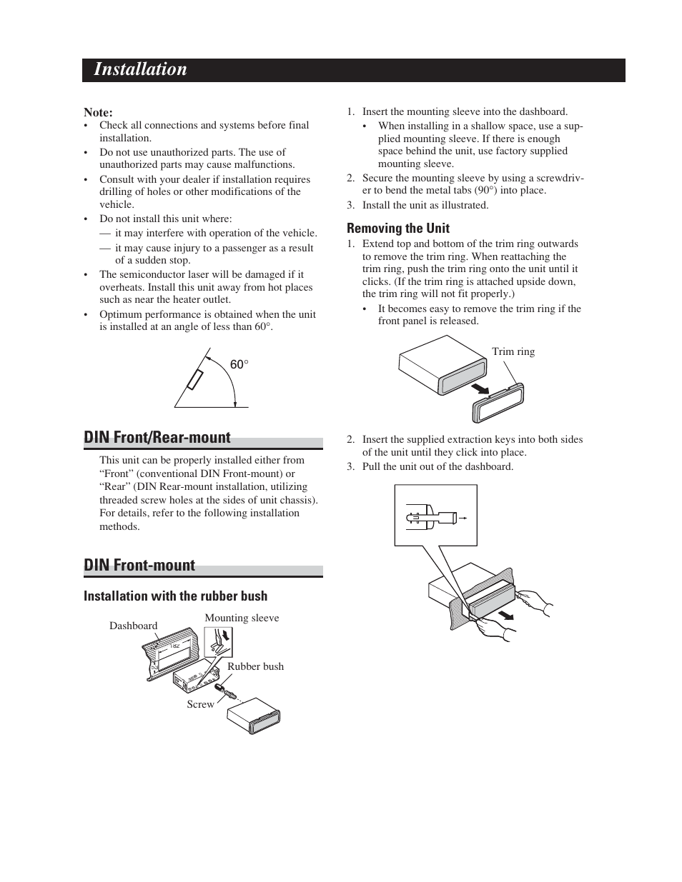 Mounting / removal, Installation, Din front/rear-mount | Din front-mount, Installation with the rubber bush, Removing the unit | Pioneer DEH-P5900IB User Manual | Page 65 / 72