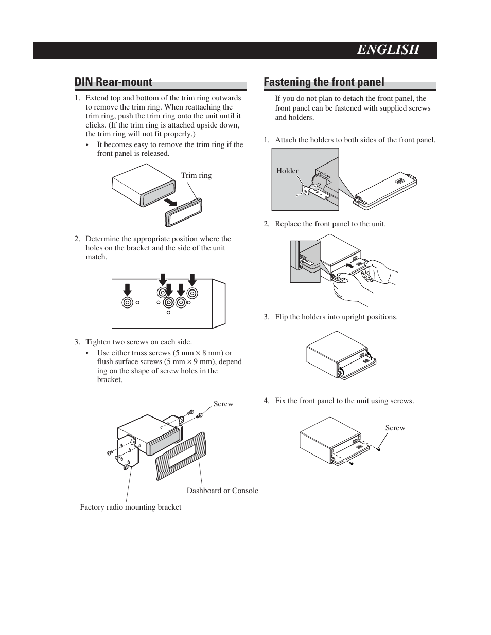 Fixing faceplate to unit, English, Din rear-mount | Fastening the front panel | Pioneer DEH-P5900IB User Manual | Page 66 / 72