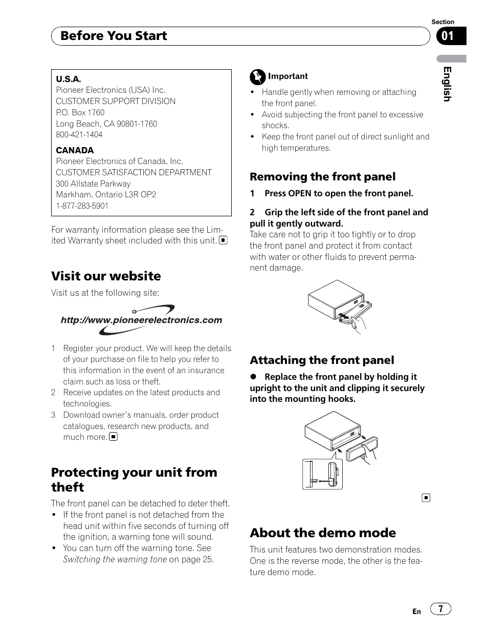 Removing / attaching faceplate, Visit our website, Protecting your unit from theft | About the demo mode, Before you start, Removing the front panel, Attaching the front panel | Pioneer DEH-P5900IB User Manual | Page 7 / 72