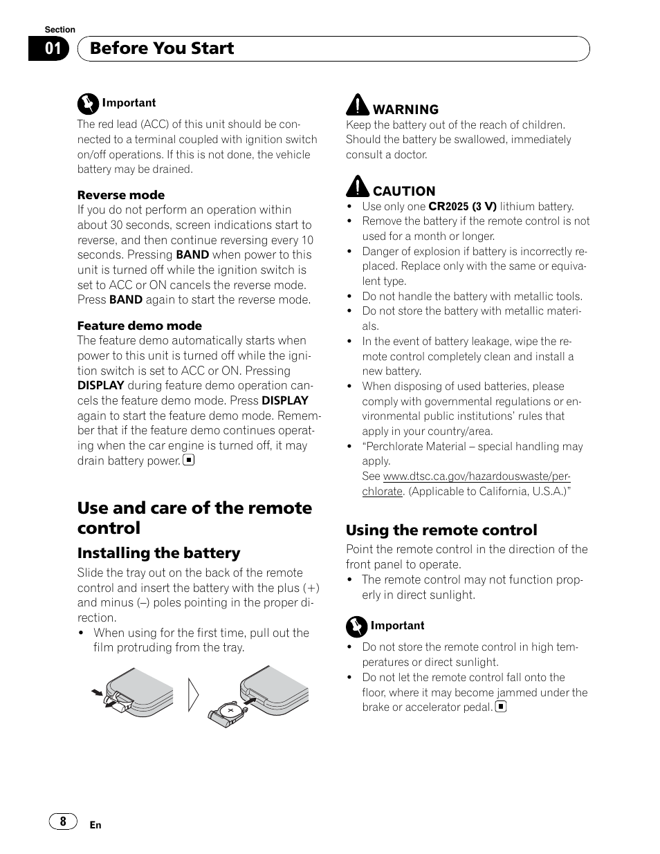 Feature demo / reverse demo mode, Use and care of the remote control, Before you start | Installing the battery, Using the remote control | Pioneer DEH-P5900IB User Manual | Page 8 / 72