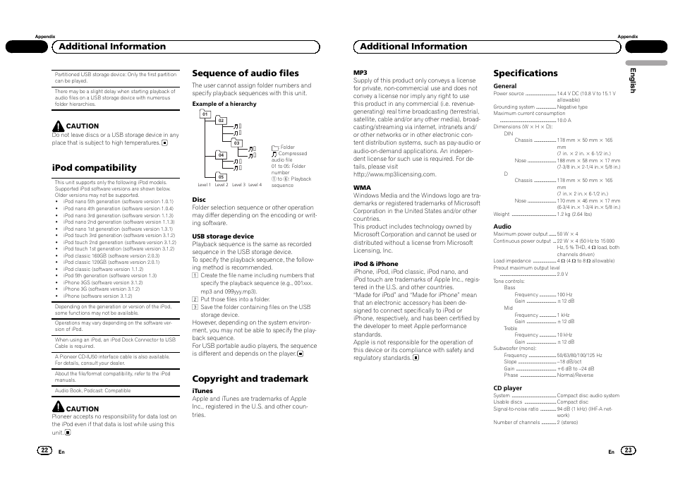 Ipod compatibility, Sequence of audio files, Copyright and trademark | Additional information, Specifications | Pioneer DEH-4300UB  EU User Manual | Page 12 / 48