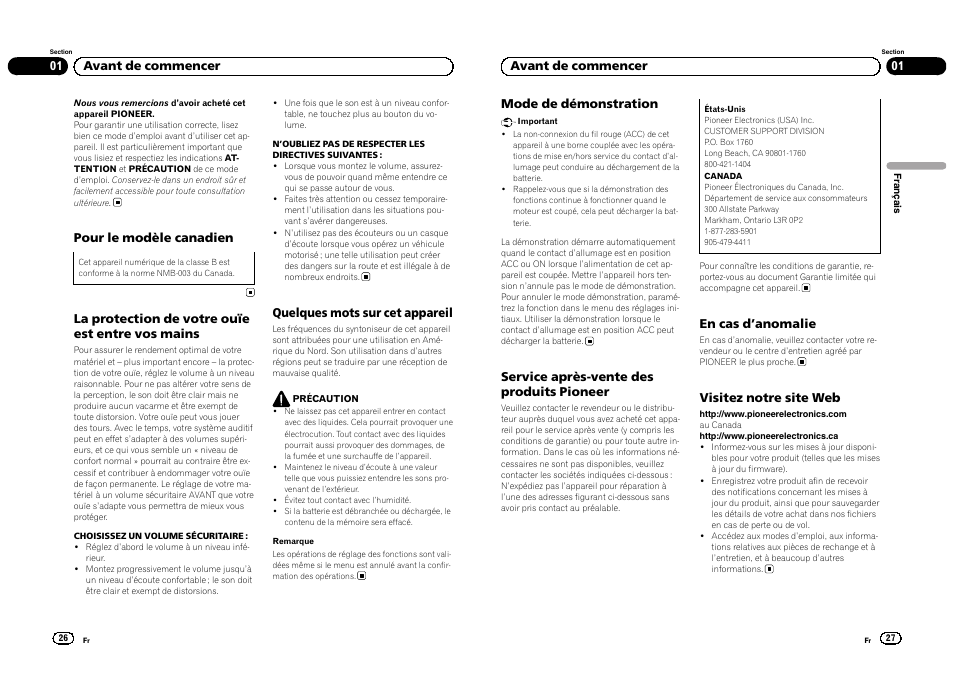 Pour le modèle canadien, La protection de votre ouïe est entre vos mains, Quelques mots sur cet appareil | 01 avant de commencer mode de démonstration, Service après-vente des produits pioneer, En cas d ’anomalie, Visitez notre site web, 01 avant de commencer | Pioneer DEH-4300UB  EU User Manual | Page 14 / 48