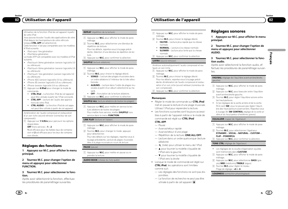 02 utilisation de l ’appareil, Réglages sonores, Réglages des fonctions | Pioneer DEH-4300UB  EU User Manual | Page 19 / 48