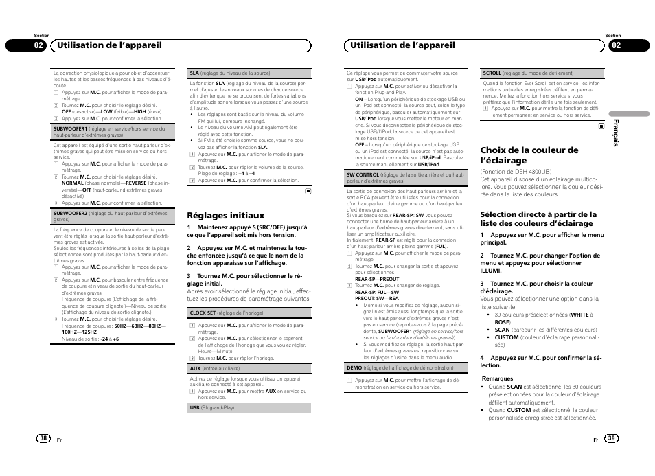 Réglages initiaux, 02 utilisation de l ’appareil, Choix de la couleur de l ’éclairage | Pioneer DEH-4300UB  EU User Manual | Page 20 / 48