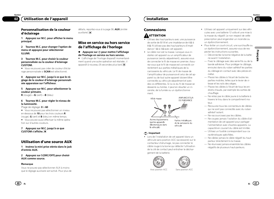 Utilisation d ’une source aux, 02 utilisation de l ’appareil connexions, 03 installation | Pioneer DEH-4300UB  EU User Manual | Page 21 / 48
