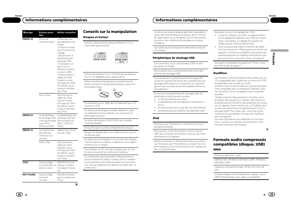 Conseils sur la manipulation, Informations complémentaires, Formats audio compressés compatibles (disque, usb) | Pioneer DEH-4300UB  EU User Manual | Page 25 / 48