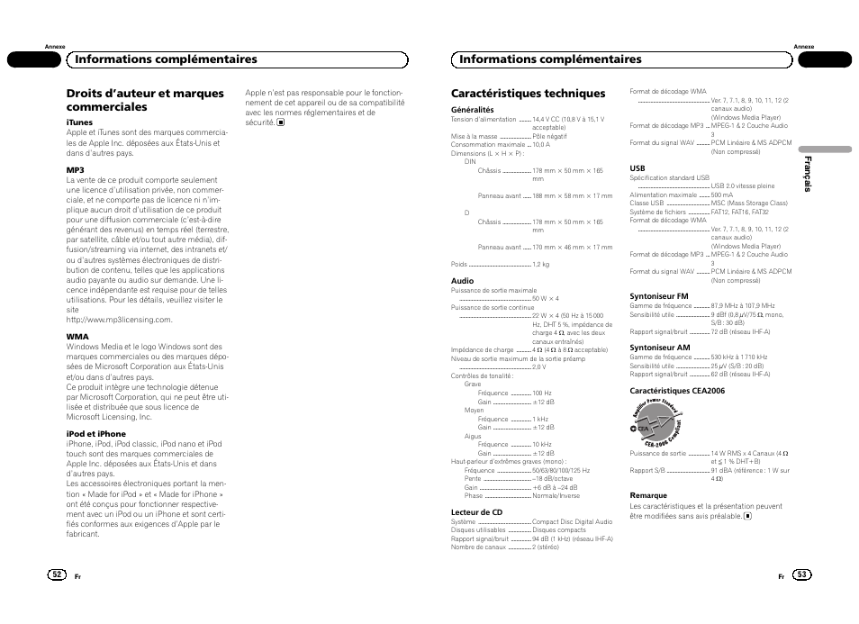 Droits d ’auteur et marques commerciales, Informations complémentaires | Pioneer DEH-4300UB  EU User Manual | Page 27 / 48