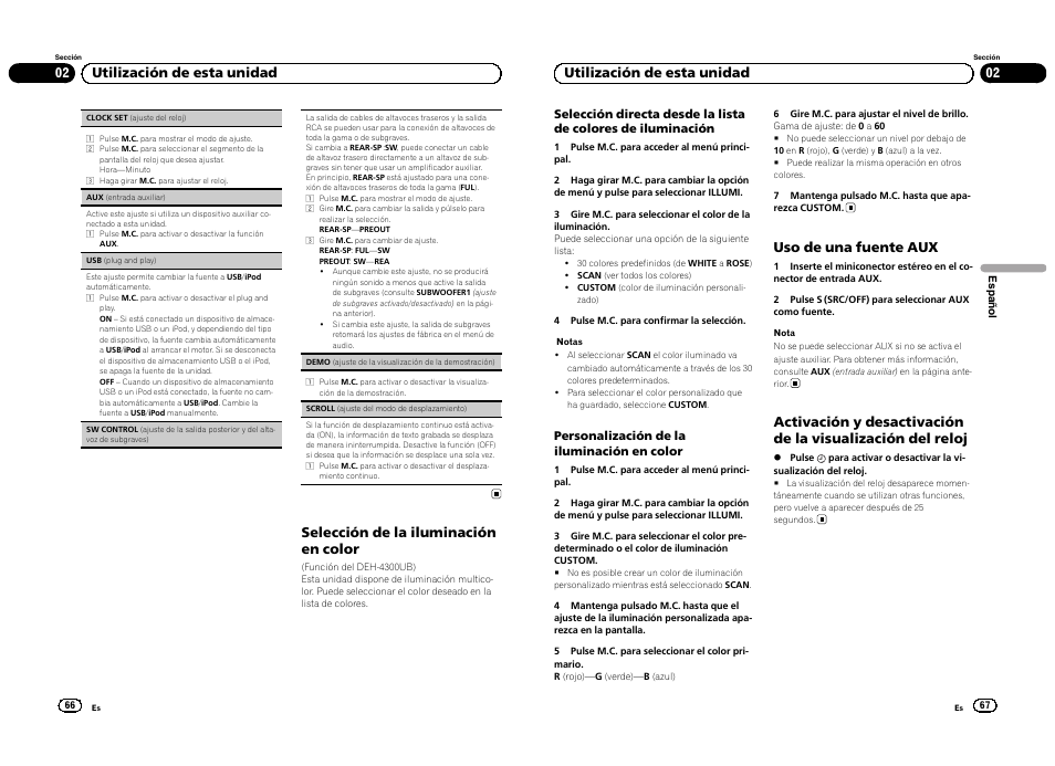 Selección de la iluminación en color, 02 utilización de esta unidad, Uso de una fuente aux | Pioneer DEH-4300UB  EU User Manual | Page 34 / 48