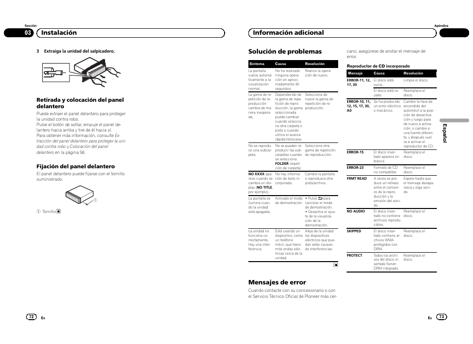 03 instalación solución de problemas, Mensajes de error, Información adicional | Pioneer DEH-4300UB  EU User Manual | Page 37 / 48