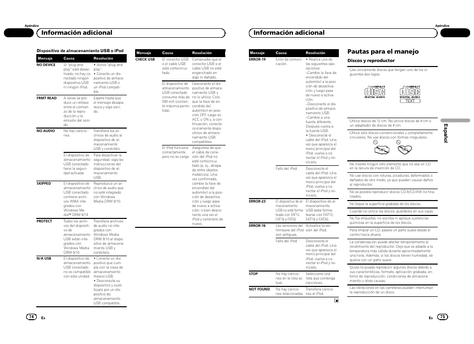 Información adicional, Pautas para el manejo | Pioneer DEH-4300UB  EU User Manual | Page 38 / 48