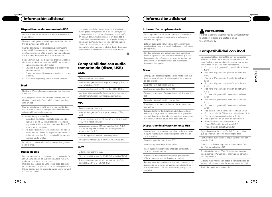 Compatibilidad con audio comprimido (disco, usb), Información adicional, Compatibilidad con ipod | Pioneer DEH-4300UB  EU User Manual | Page 39 / 48