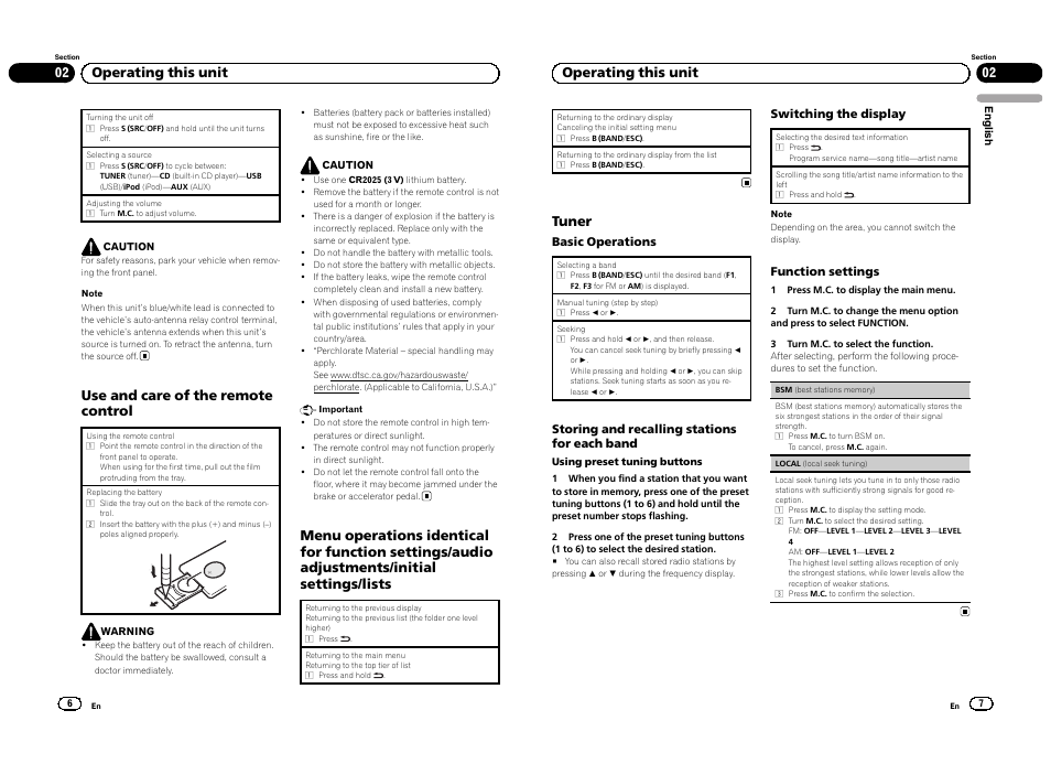 Use and care of the remote control, 02 operating this unit, Tuner | Pioneer DEH-4300UB  EU User Manual | Page 4 / 48