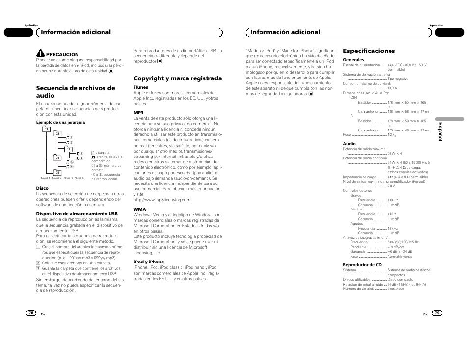 Secuencia de archivos de audio, Copyright y marca registrada, Información adicional | Especificaciones | Pioneer DEH-4300UB  EU User Manual | Page 40 / 48