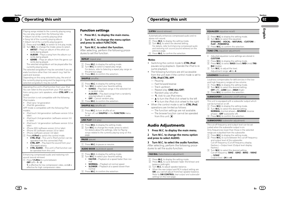 02 operating this unit, Audio adjustments, Function settings | Pioneer DEH-4300UB  EU User Manual | Page 6 / 48