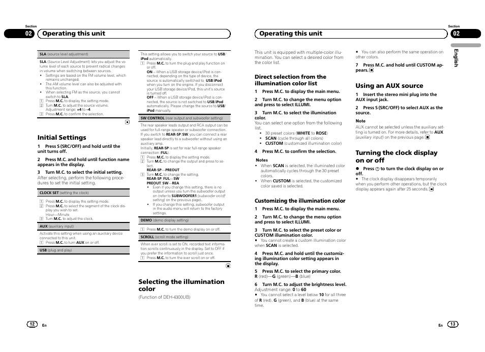 Initial settings, Selecting the illumination color, 02 operating this unit | Using an aux source, Turning the clock display on or off | Pioneer DEH-4300UB  EU User Manual | Page 7 / 48