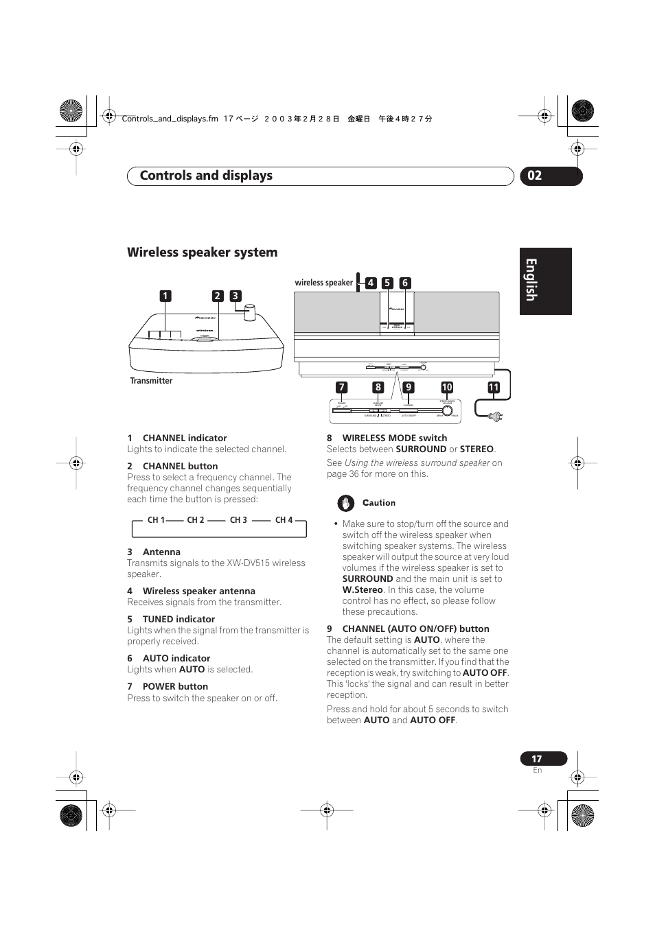 Controls and displays 02, Wireless speaker system | Pioneer XW-DV515 User Manual | Page 17 / 96