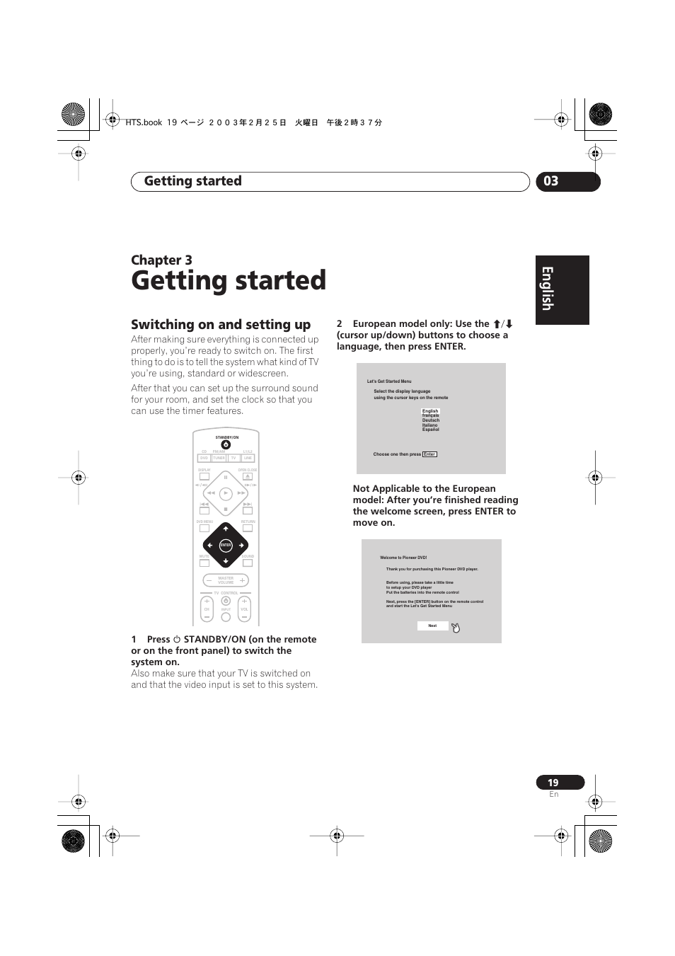 Switching on and setting up, Getting started, English italiano français | Nederlands, Español deutsch, Getting started 03, Chapter 3 | Pioneer XW-DV515 User Manual | Page 19 / 96