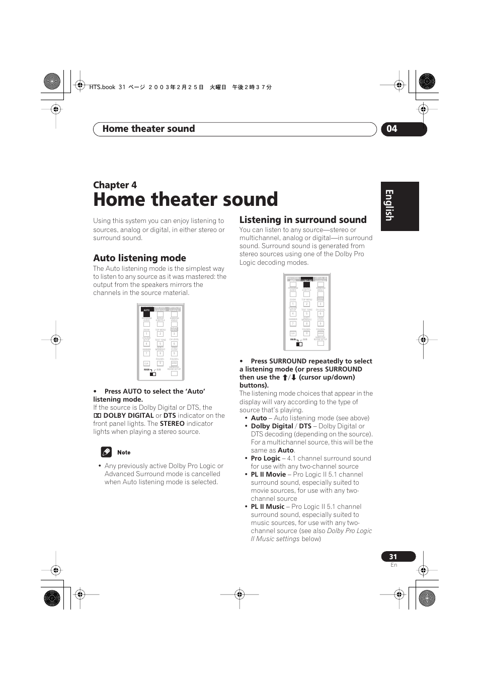 Auto listening mode, Listening in surround sound, Home theater sound | English italiano français, Nederlands, Español deutsch, Home theater sound 04, Chapter 4 | Pioneer XW-DV515 User Manual | Page 31 / 96