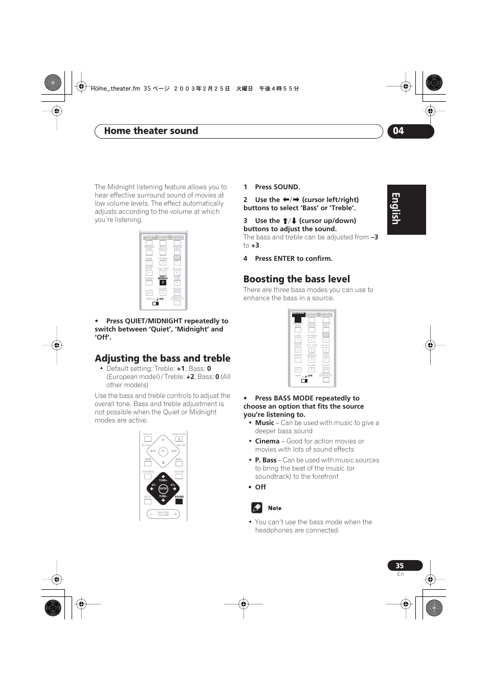 Adjusting the bass and treble, Boosting the bass level, English italiano français | Nederlands, Español deutsch, Home theater sound 04, Default setting: treble, Bass, European model) / treble, 1press sound. 2 use the | Pioneer XW-DV515 User Manual | Page 35 / 96