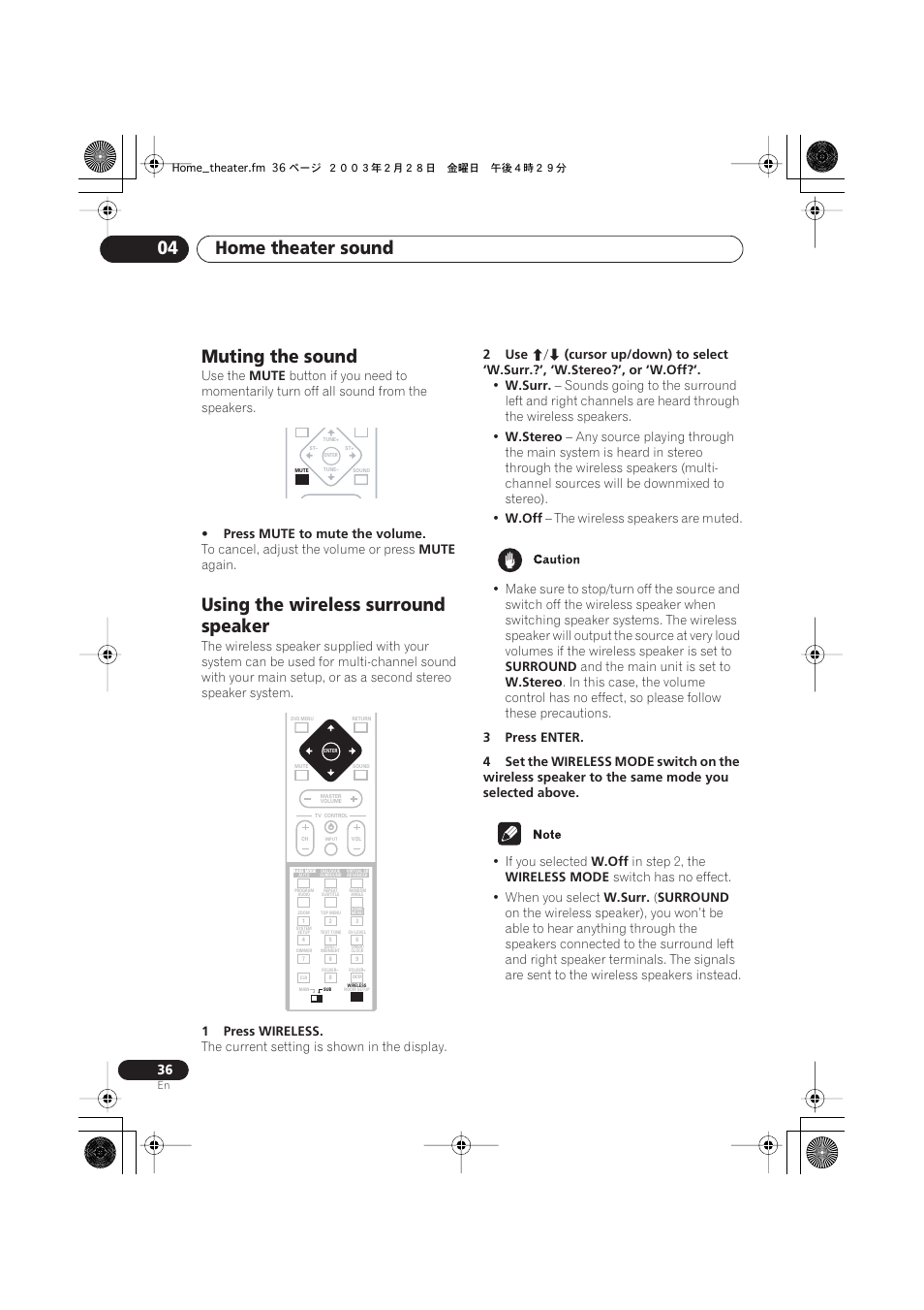 Muting the sound, Using the wireless surround speaker, Home theater sound 04 | Pioneer XW-DV515 User Manual | Page 36 / 96