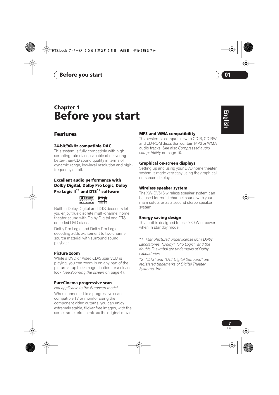 Features, Before you start, English italiano français | Nederlands, Español deutsch, Before you start 01, Chapter 1 | Pioneer XW-DV515 User Manual | Page 7 / 96