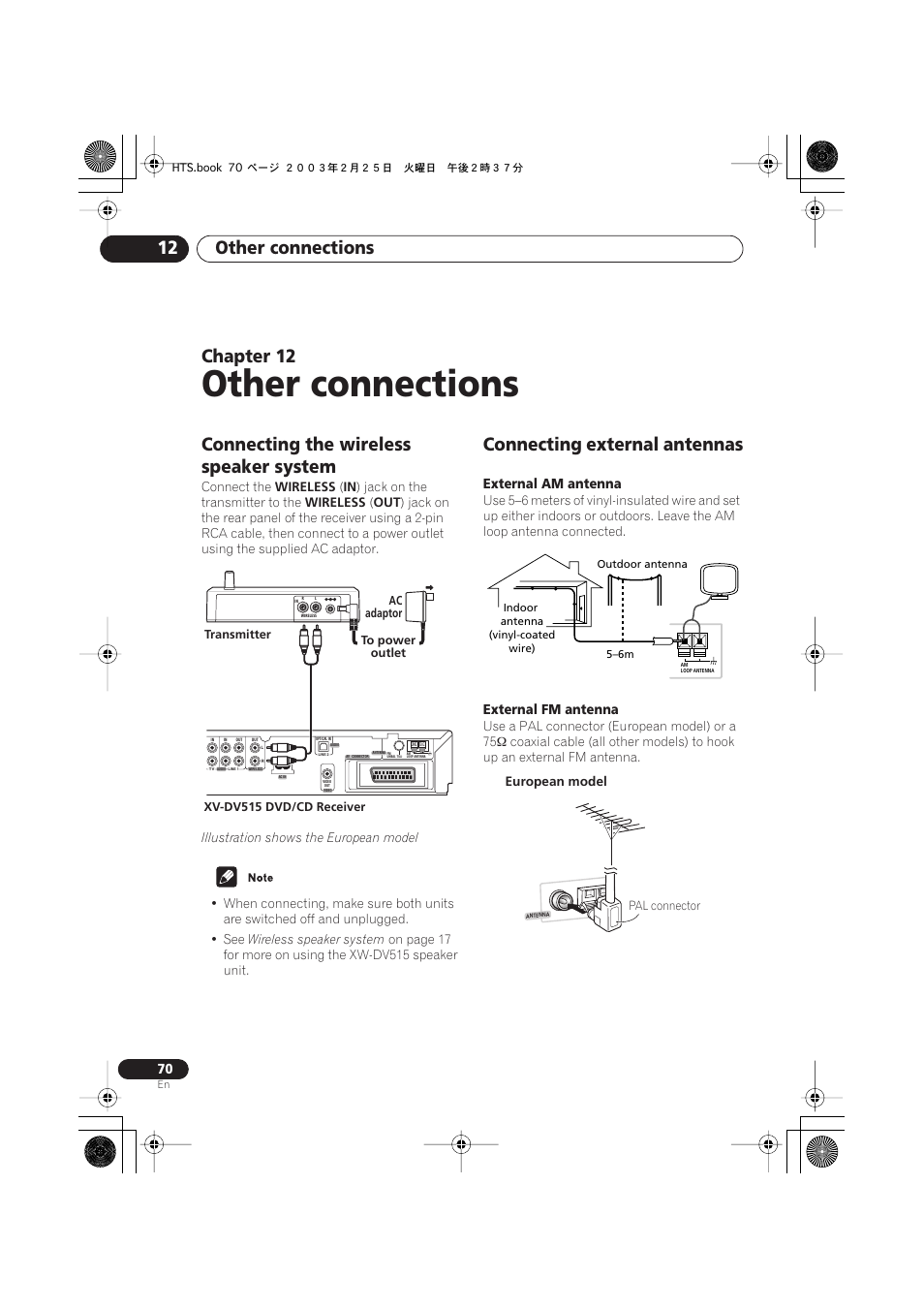 Connecting the wireless speaker system, Connecting external antennas, Other connections | Other connections 12, Chapter 12 | Pioneer XW-DV515 User Manual | Page 70 / 96