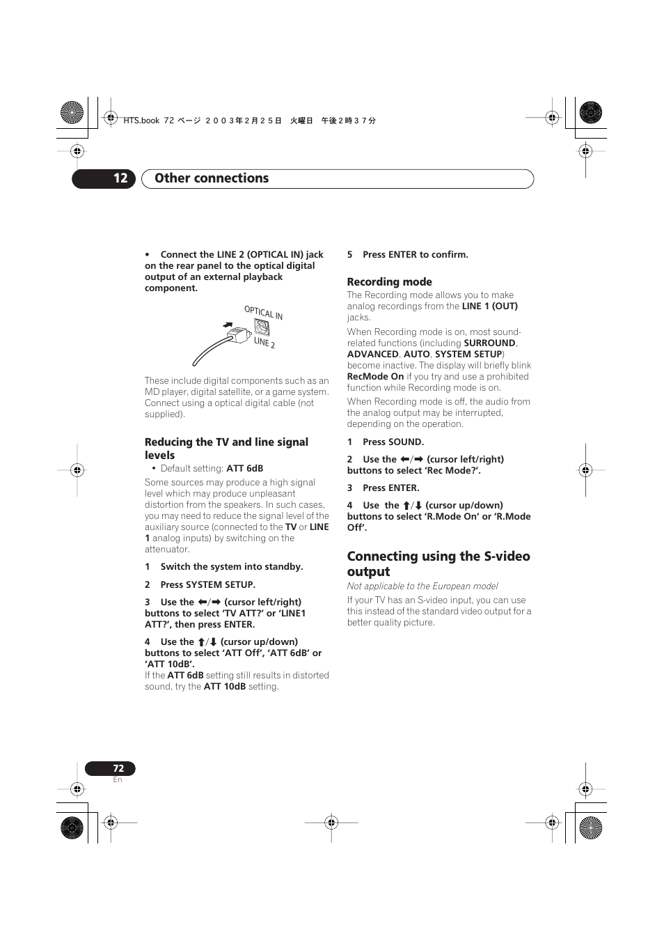 Reducing the tv and line signal levels, Recording mode, Connecting using the s-video output | Not applicable to the european model), Other connections 12 | Pioneer XW-DV515 User Manual | Page 72 / 96