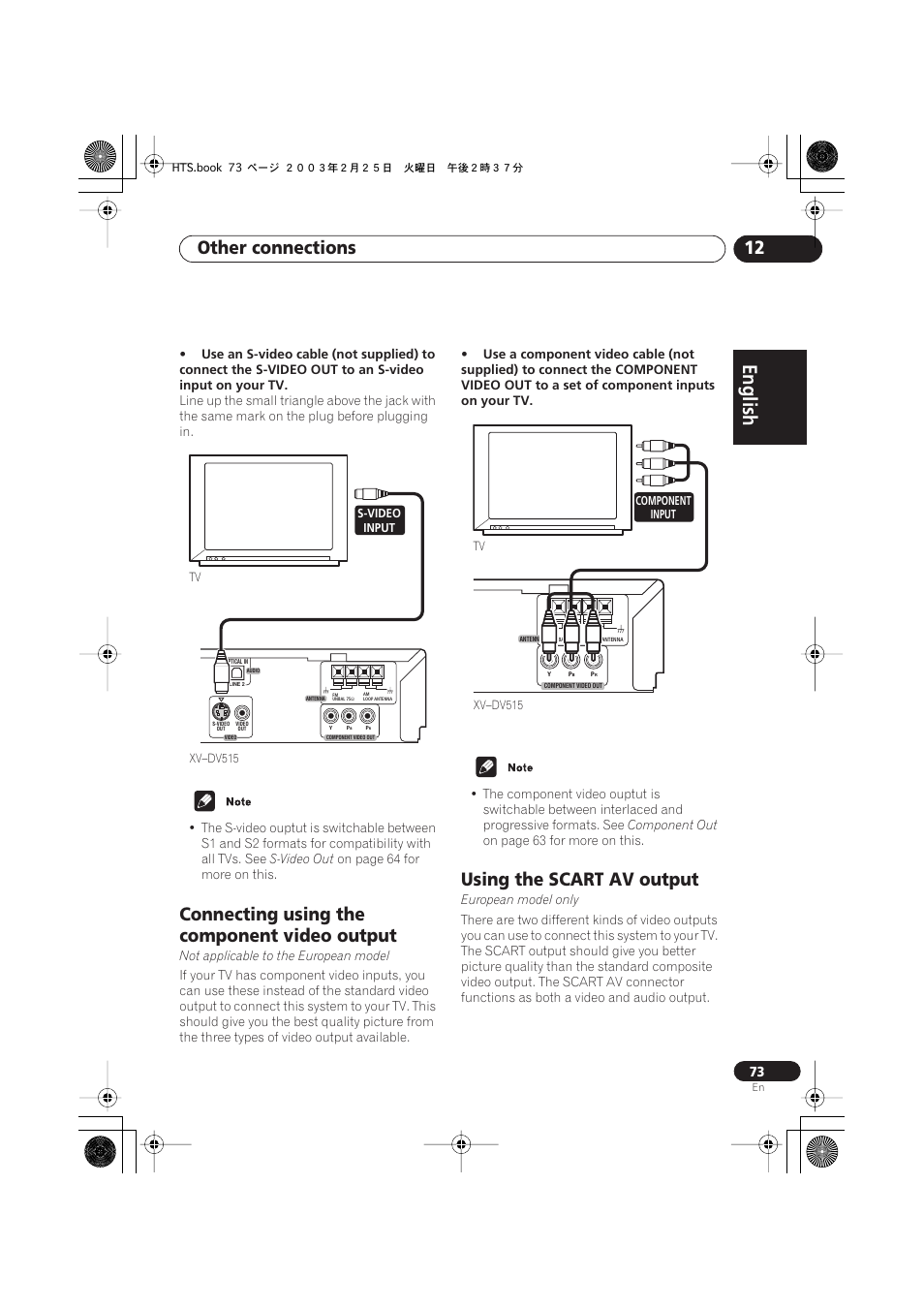 Using the scart av output (european model only), English italiano français, Nederlands | Español deutsch, Other connections 12, Connecting using the component video output, Using the scart av output | Pioneer XW-DV515 User Manual | Page 73 / 96