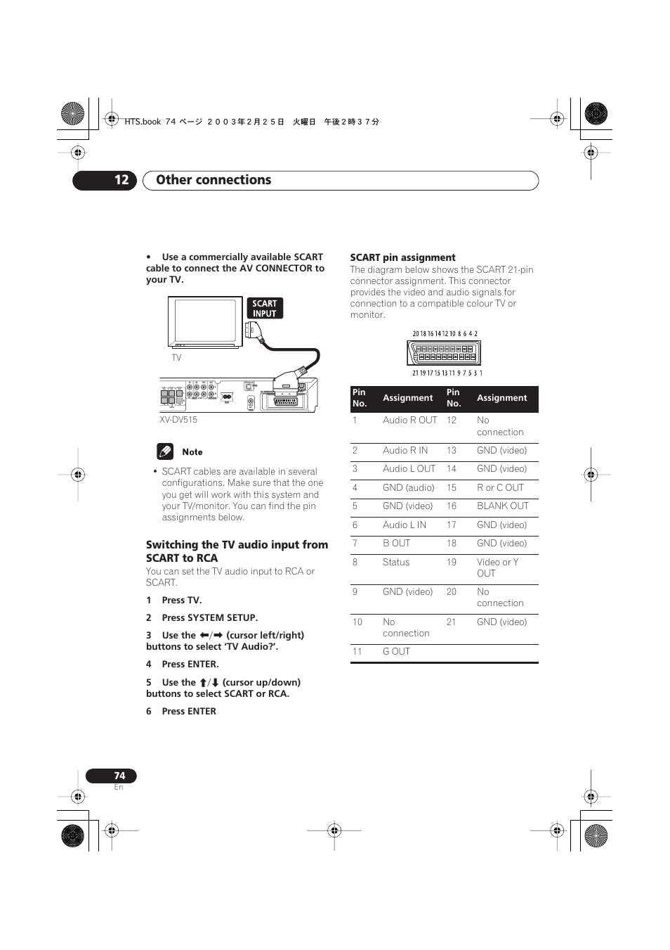 Switching the tv audio input from scart to rca, Other connections 12, Scart pin assignment | Pioneer XW-DV515 User Manual | Page 74 / 96