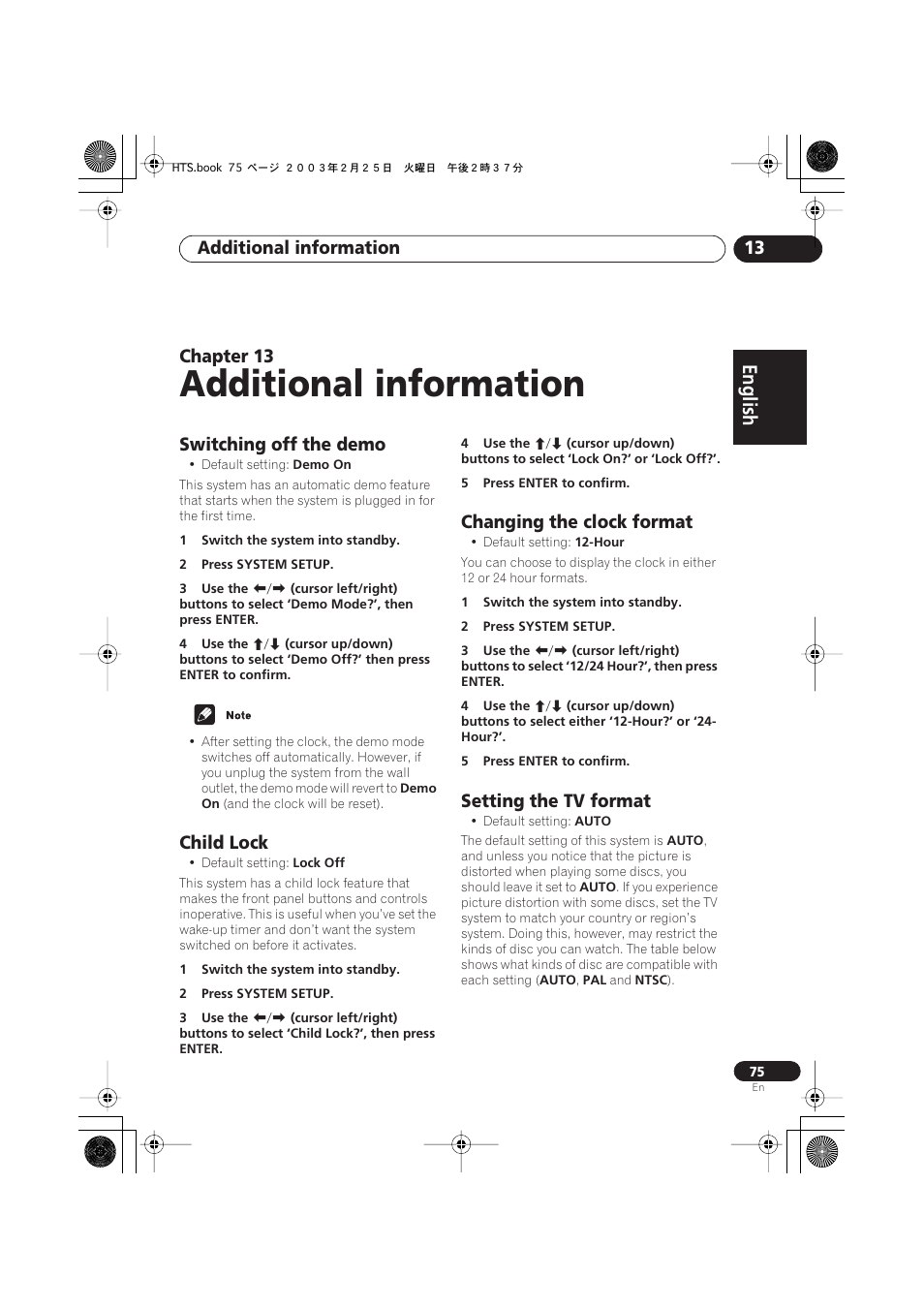 Switching off the demo, Child lock, Changing the clock format | Setting the tv format, Additional information, English italiano français, Nederlands, Español deutsch, Additional information 13, Chapter 13 | Pioneer XW-DV515 User Manual | Page 75 / 96