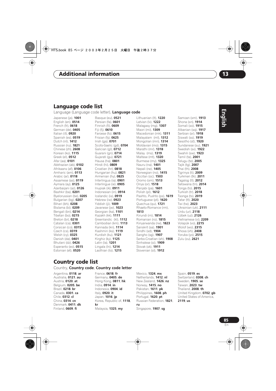 Language code list, Country code list, English italiano français | Nederlands, Español deutsch, Additional information 13 | Pioneer XW-DV515 User Manual | Page 85 / 96