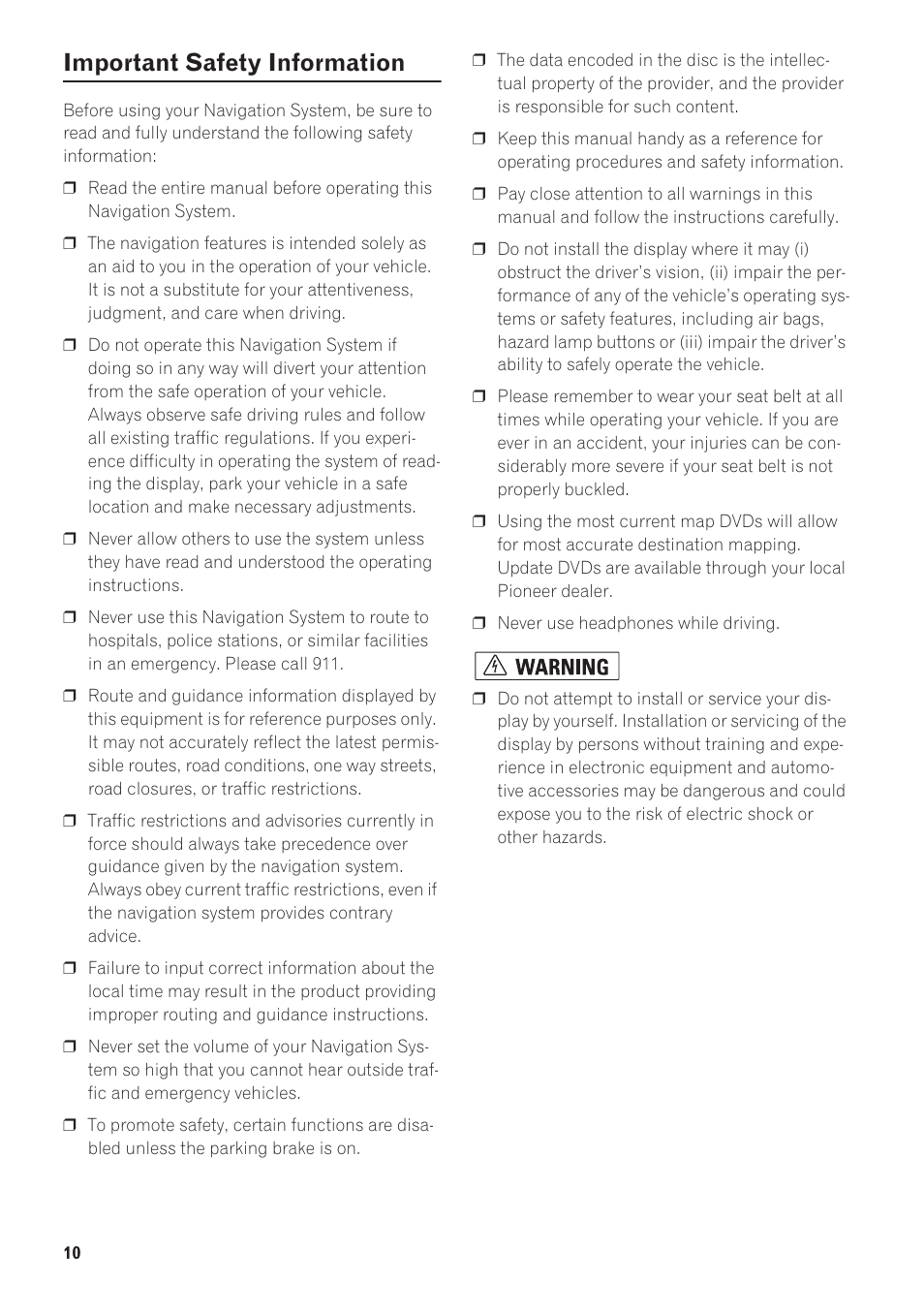 Important safety information | Pioneer AVIC-90DVD User Manual | Page 12 / 74