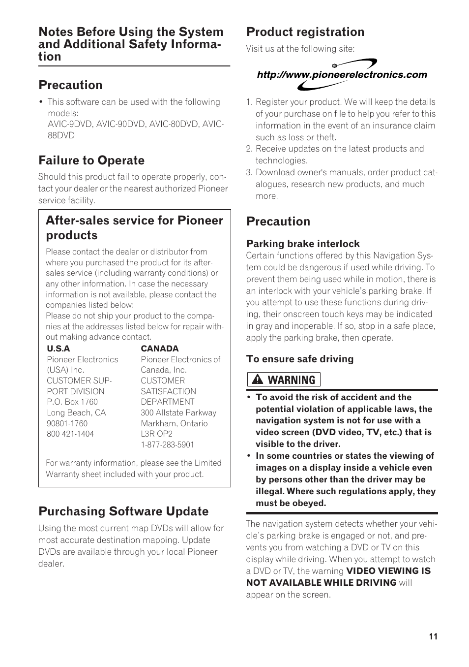 Notes before using the system and additional, Safety information, Precaution | Failure to operate, After-sales service for pioneer products, Purchasing software update, Product registration | Pioneer AVIC-90DVD User Manual | Page 13 / 74